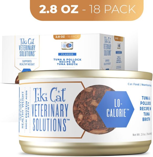 Tiki Cat Veterinary Solutions Lo-Calorie Tuna & Pollock Recipe Flaked Grain-Free Wet Cat Food, 2.8-oz can, case of 18