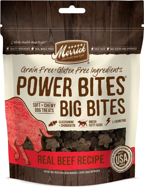 Merrick Power Bites Big Bites Real Beef Recipe Grain-Free Soft & Chewy Dog Treats, 6-oz bag slide 1 of 9