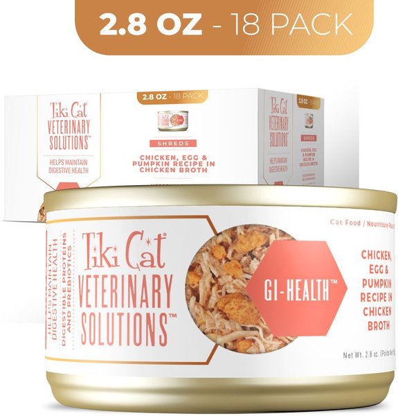 Tiki Cat Veterinary Solutions GI-Health Chicken, Egg & Pumpkin Recipe Shredded Grain-Free Wet Cat Food, 2.8-oz can, case of 18