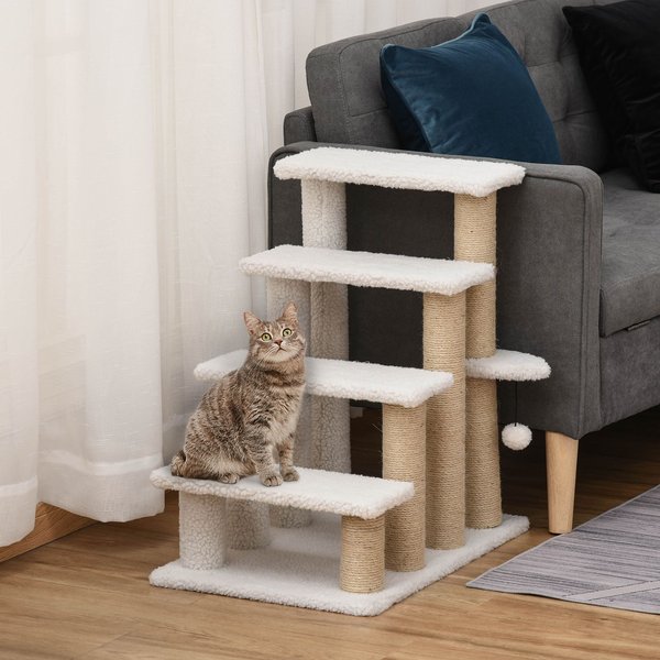 PAWHUT 25.3 in 4 Level Stair Ladder with Hanging Play Ball Steps for Bed Cat Tree White Chewy