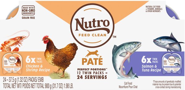 Nutro Perfect Portions Grain-Free Paté Multi-Pack Real Salmon & Tuna, Real Chicken & Shrimp Recipe Cat Food Trays, 2.65-oz, case of 12 twin-packs slide 1 of 9