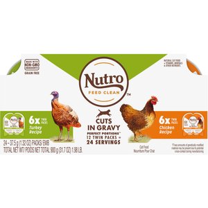Nutro Perfect Portions Grain-Free Real Turkey & Real Chicken Cuts in Gravy Recipe Variety Pack Adult Wet Cat Food Trays, 2.65-oz, case of 12 twin-packs