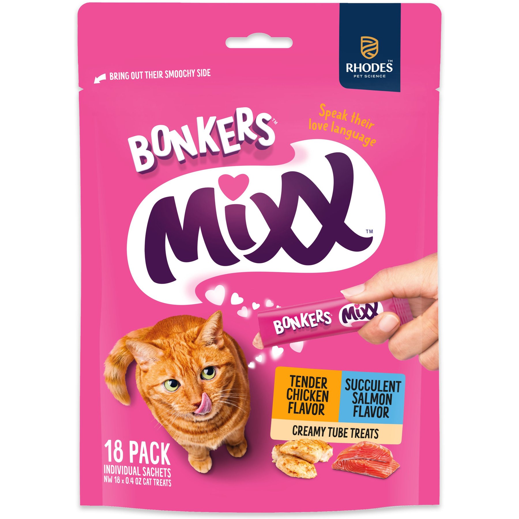 Bonkers Licky Tubes Grain-Free Wet Chicken & Salmon Flavored Lickable Cat Treats, 18 tubes