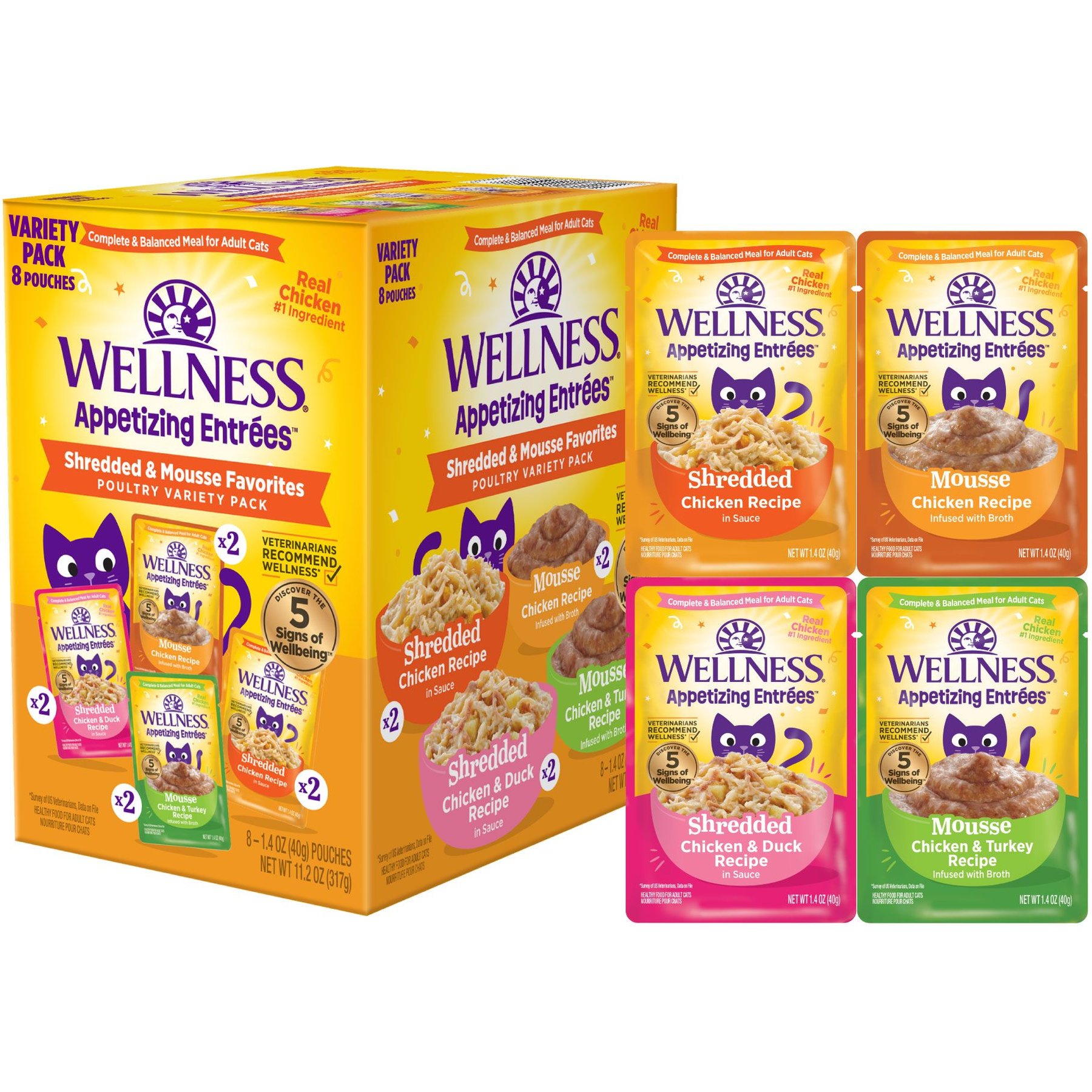 Wellness Appetizing Entrees Shredded Poultry Variety Pack Natural Grain-Free Mousse Wet Cat Food, 1.4-oz pouch, case of 8