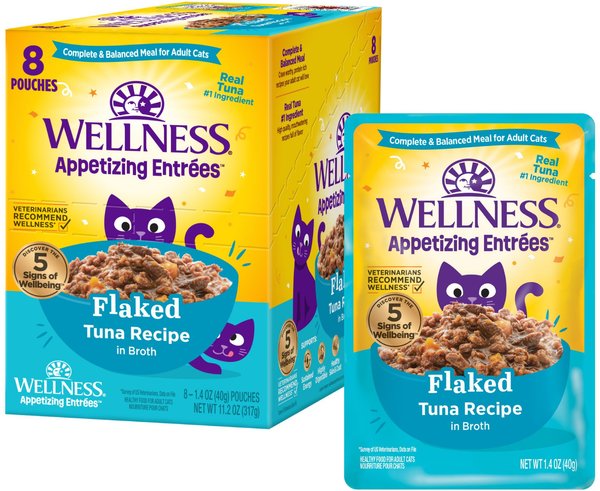 Wellness Appetizing Entrees Tuna & Tilapia Natural Grain-Free Flaked Wet Cat Food, 1.4-oz pouch, case of 8