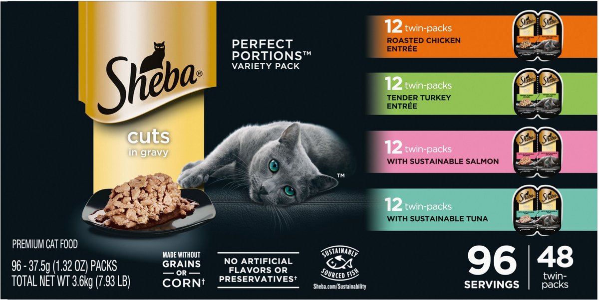 Sheba Perfect Portions Chicken, Turkey, Tuna & Salmon Variety Pack Grain-Free Cuts-In-Gravy Wet Cat Food, 2.64-oz tray, case of 48 twin-packs