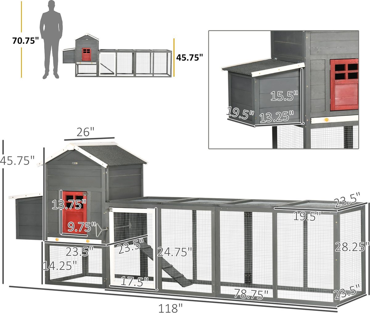 PawHut Extra Large Run Included with Removable Tray Chicken Coop, Orange