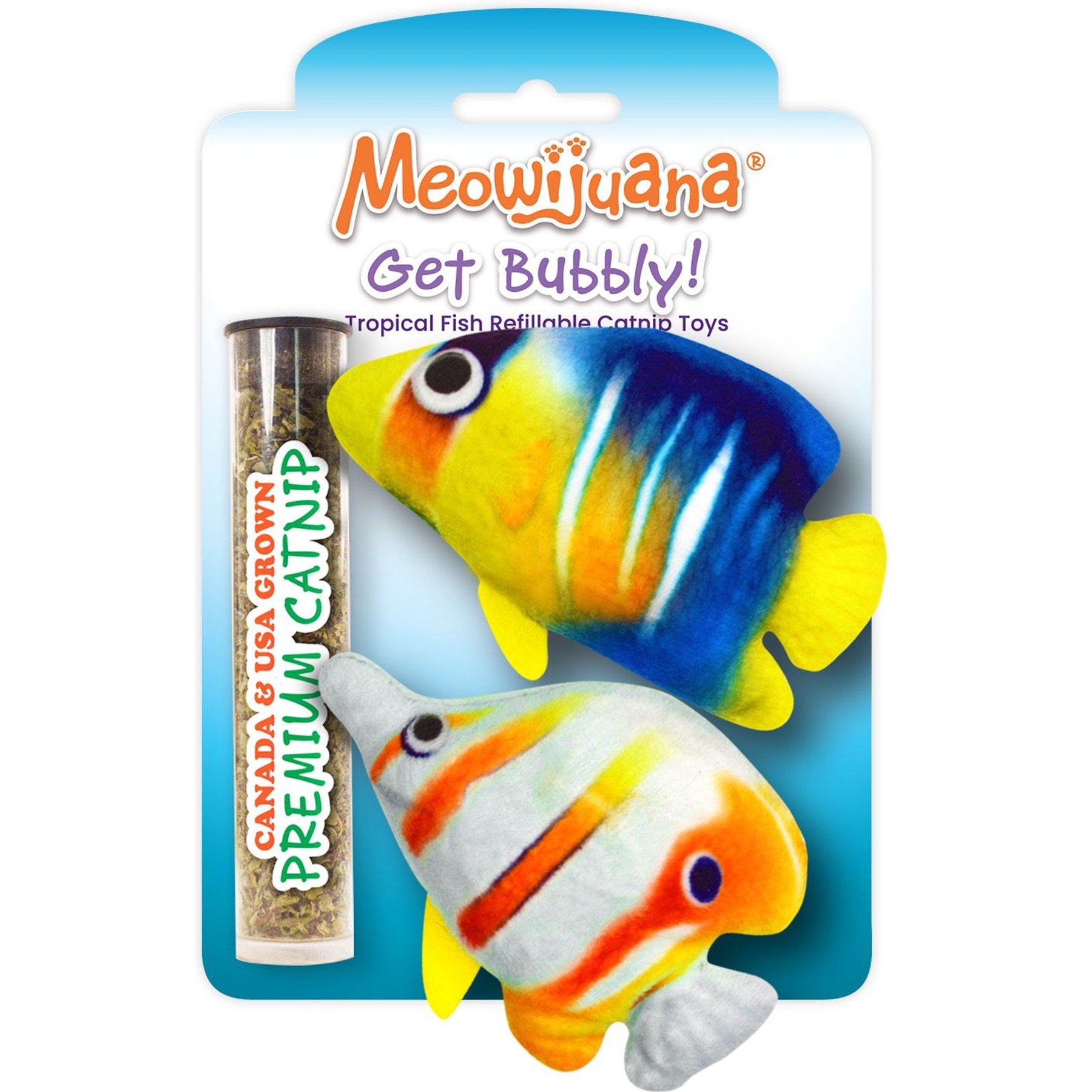 Meowijuana Get Bubbly Refillable Tropical Fish Plush Cat Toy with Catnip, 2 count
