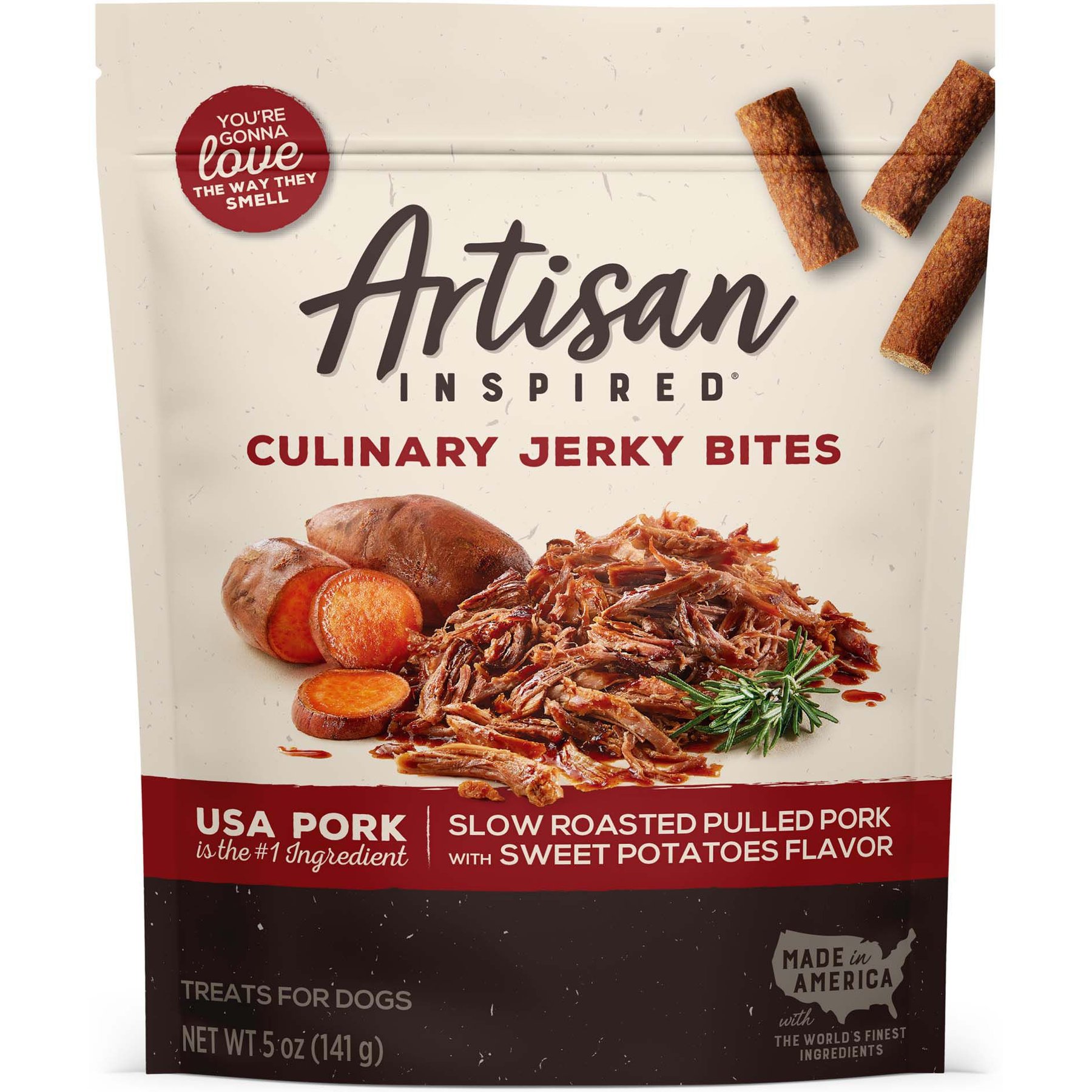Artisan Inspired Slow Roasted Pulled Pork & Sweet Potatoes Jerky Dog Treats, 5-oz bag