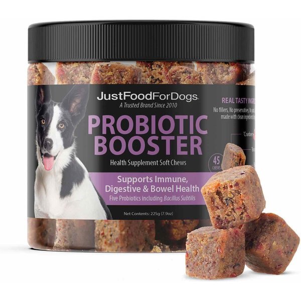 JustFoodForDogs Probiotic Booster Gut, Digestive Health Support, Diarrhea, Human Grade Ingredients Soft Chews Supplement for Dogs, 45 count