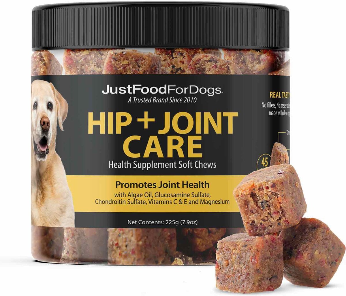 JustFoodForDogs Hip & Joint Mobility with Glucosamine & Chondriotin, Superfood Blend, Human Grade, Plant-based Soft Chews Supplement for Dogs, 45 count