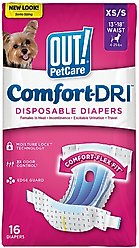 OUT! Disposable Female Dog Diapers, Extra Small/Small: 13 to 18-in waist, 16 count