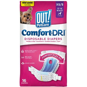 OUT! Disposable Female Dog Diapers, Extra Small/Small: 13 to 18-in waist, 16 count