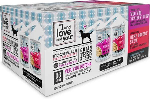 I and Love and You Beef Booyah and Moo Moo Venison Stew Grain-Free Combo Pack Canned Dog Food, 13-oz, case of 6 slide 1 of 10