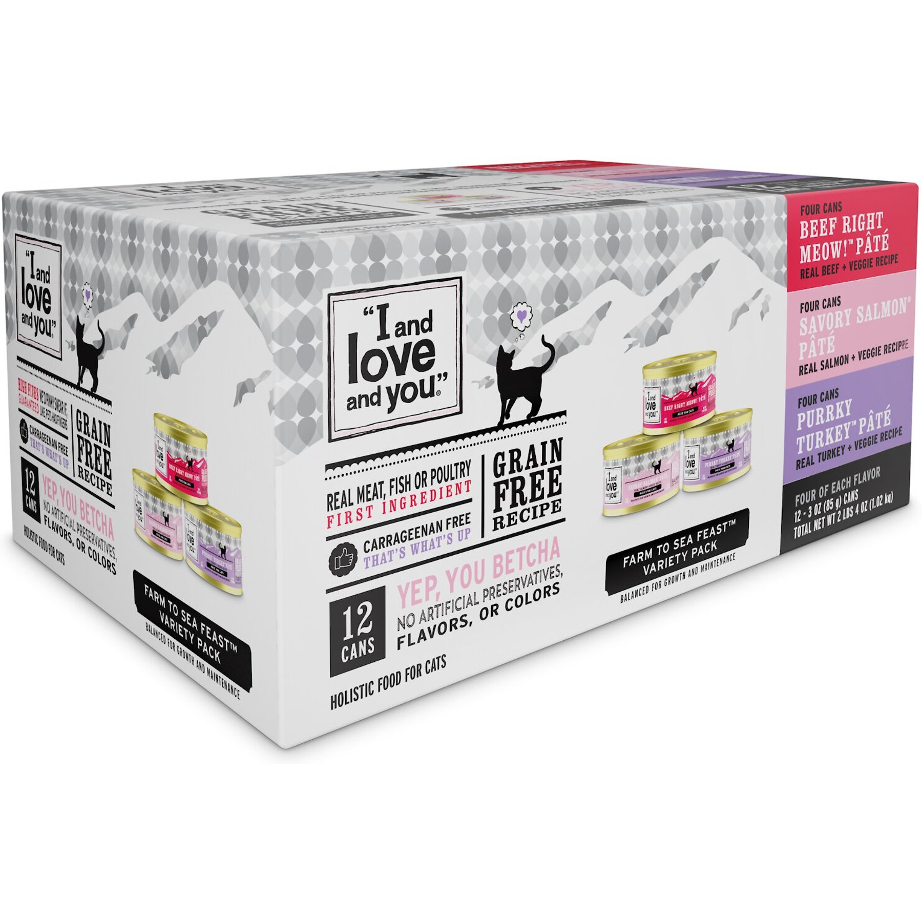 I AND LOVE AND YOU Variety Pack Wholly Cow Savory Salmon and Purrky Turkey Pate Canned Cat Food 3 oz case of 36 Chewy