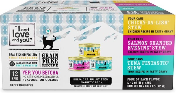 I and Love and You Chicky-Da-Lish, Salmon Chanted Evening and Tuna Fintastic Stew Variety Pack Canned Cat Food, 3-oz, case of 12 slide 1 of 10
