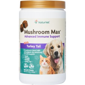 NaturVet Mushroom Max with Turkey Tail Soft Chews Immune Supplement for Cats & Dogs, 120 count