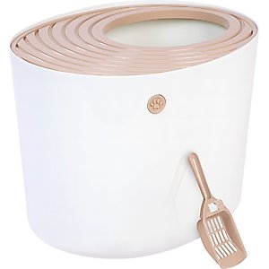IRIS USA Round Top Entry Cat Litter Box & Scoop, White, Large