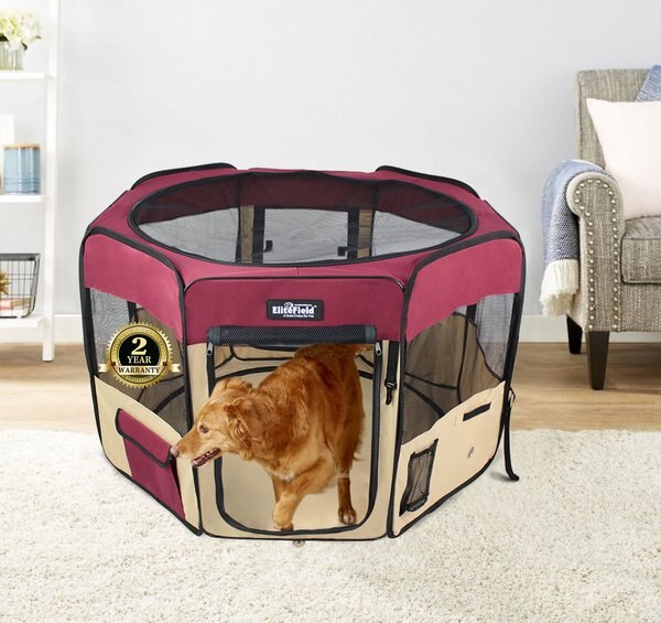 ELITEFIELD 2Door SoftSided Dog & Cat Playpen, Maroon & Beige, 62in