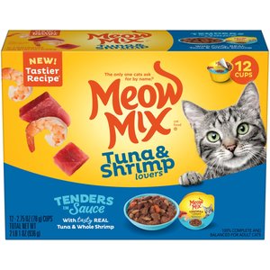 Meow Mix Tender Favorites with Real Tuna & Whole Shrimp in Sauce Cat Food Trays, 2.75-oz, case of 12