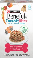 Purina Beneful IncrediBites with Salmon, Tomatoes, Carrots & Wild Rice Canned Dog Food, 3-oz, case of 24