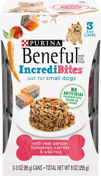 Purina Beneful IncrediBites With Salmon, Tomatoes, Carrots & Wild Rice Canned Dog Food, 3-oz, case of 24 slide 1 of 10