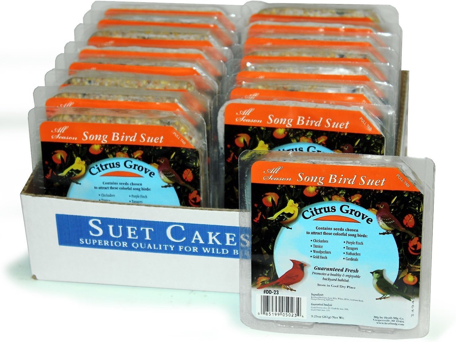 HEATH Citrus Grove Songbird Suet Cake Wild Bird Food, 9.25oz, case of