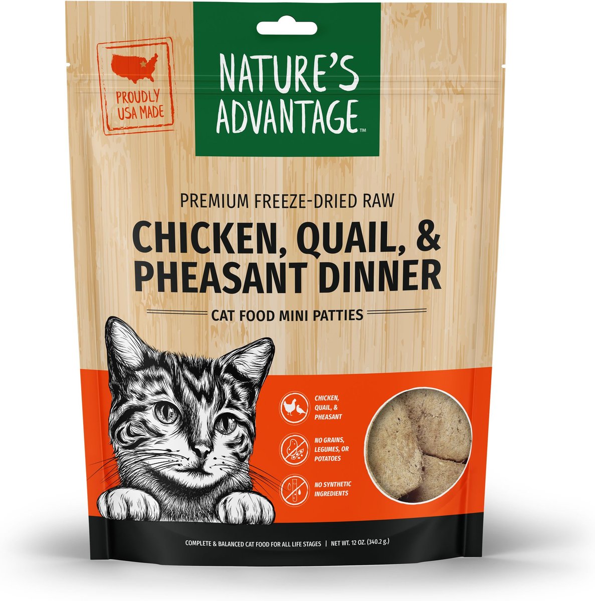 Nature's Advantage Chicken, Quail, & Pheasant Mini Patties Grain-Free Freeze-Dried Raw Cat Food, 12-oz bag