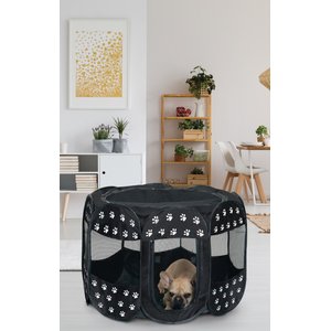 Etna Portable with Paw Design Dog & Cat Exercise Play Pen, Black/White