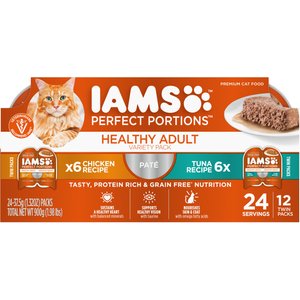 Iams Perfect Portions Healthy Adult Multipack Chicken & Tuna Recipe Pate Grain-Free Adult Cat Food Trays, 2.6-oz, case of 12 twin-packs