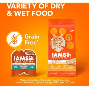 Iams Perfect Portions Healthy Adult Variety Pack Chicken & Tuna Recipe Pate Grain-Free Wet Cat Food Trays, 2.6-oz tray, case of 12 twin-packs