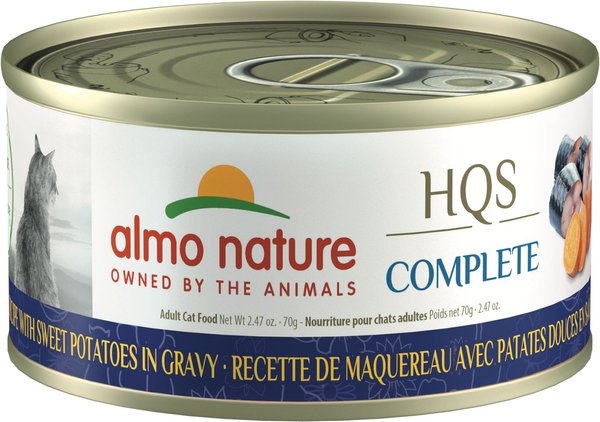 Almo Nature HQS Complete Mackerel Recipe with Sweet Potatoes Grain-Free Canned Cat Food, 2.47-oz, case of 12 slide 1 of 9