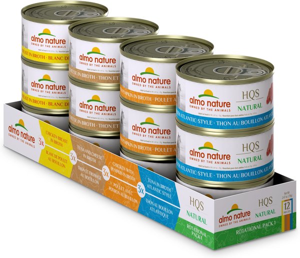 Almo Nature HQS Natural Tuna Pacific Style, Chicken & Cheese, Chicken Breast & Chicken & Liver Variety Pack Grain-Free Canned Cat Food, 2.47-oz, case of 12 slide 1 of 10