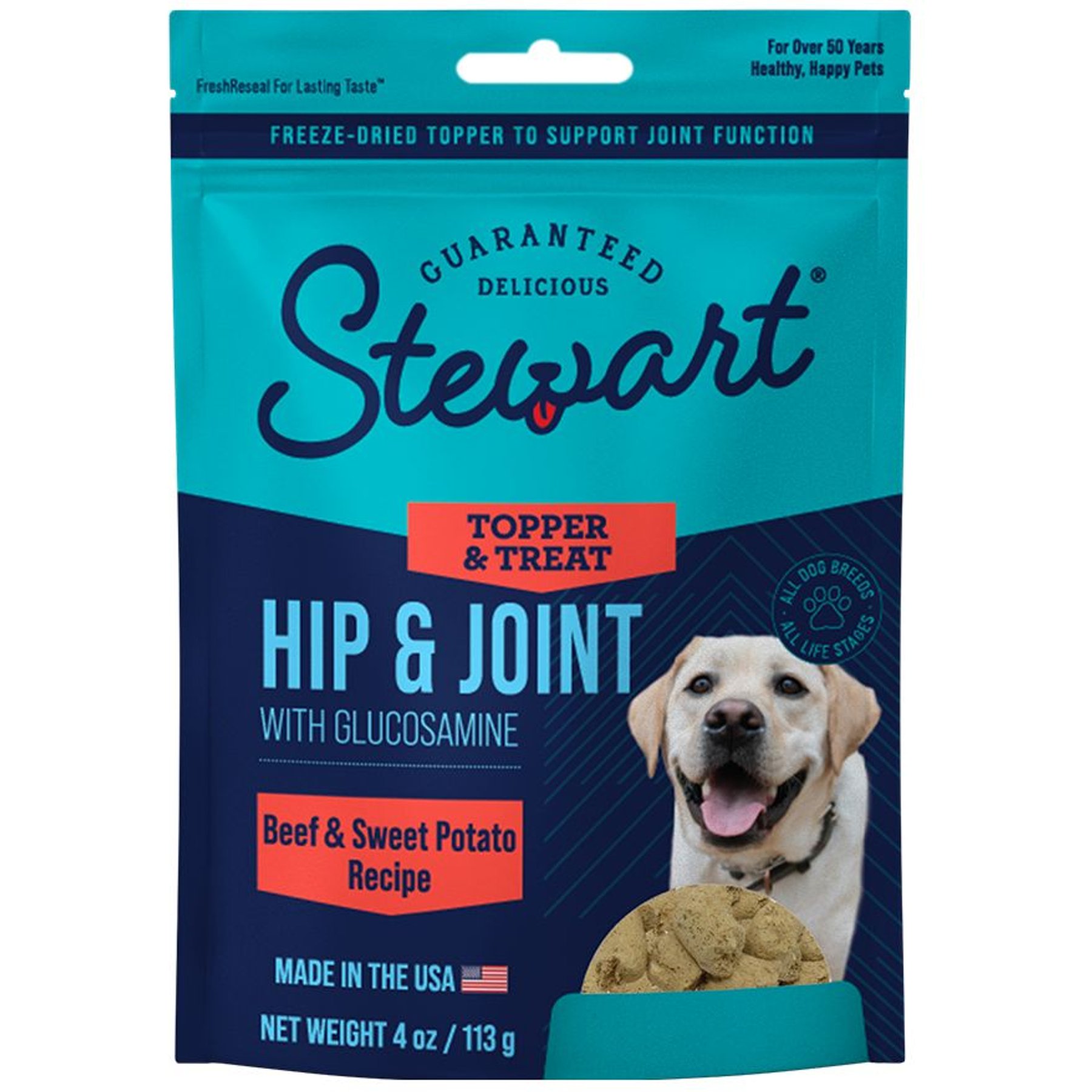 Stewart Hip & Joint with Glucosamine, Beef & Sweet Potato Recipe Limited-Ingredient Adult, Freeze-Dried Dog Treats, 4-oz pouch