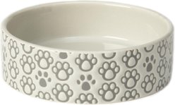 PetRageous Designs Paws Shallow Round Stoneware Dog Bowl, Grey, Small: 1.5 cup