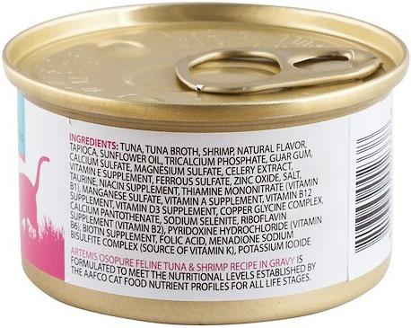 Show full view: Artemis Osopure Tuna & Shrimp Recipe in Gravy Grain-Free Canned Cat Food, 3-oz can, case of 24 slide 3 of 5