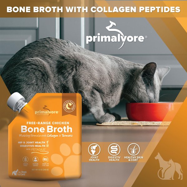 Primalvore Free Range Chicken Bone Broth with Collagen & Turmeric Hip & Joint Support Grain-Free Liquid Dog Food Topper, 12-oz pouch, case of 2