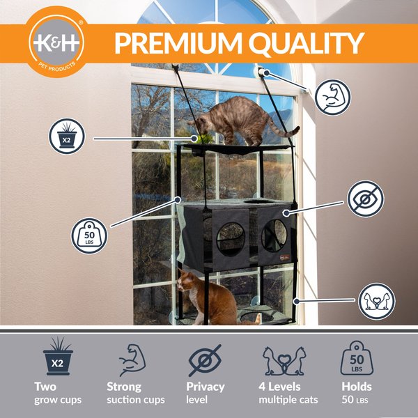 K&H Pet Products EZ Mount Townhouse Perch with Cat Grass Grow Station Cat Window Perch, Gray/Black