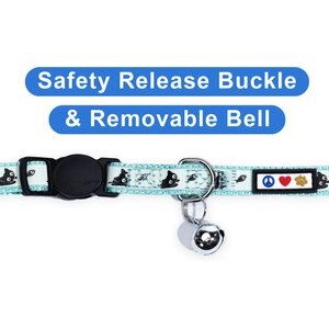 Pawtitas Glow in the Dark Nylon Breakaway Cat Collar with Bell, Teal, 7 to 11-in neck, 3/8-in wide