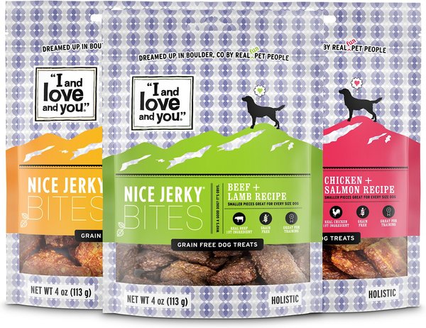 I and Love and You Nice Jerky Bites Variety Pack Grain-Free Dog Treats, 4-oz bag, 3 pack slide 1 of 9