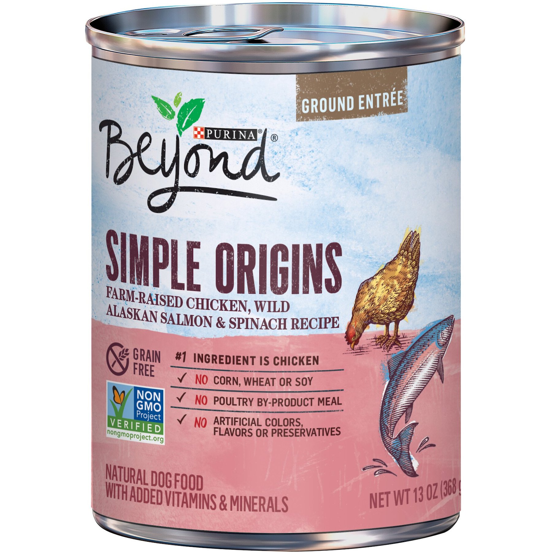 Discontinued PURINA BEYOND Simple Origins Grain Free Farm Raised Chicken Wild Alaskan Salmon Spinach Recipe Ground Entree Canned Dog Food 13 oz case of 12 Chewy