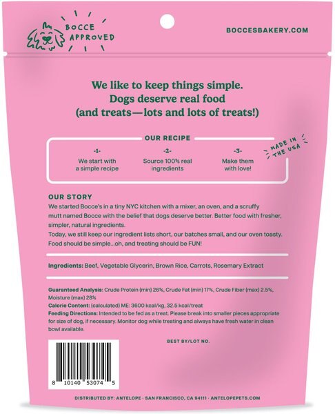 Bocce's Bakery Holly Jolly Beef & Carrot Limited Ingredient Jerky Dog Treats, 4-oz bag
