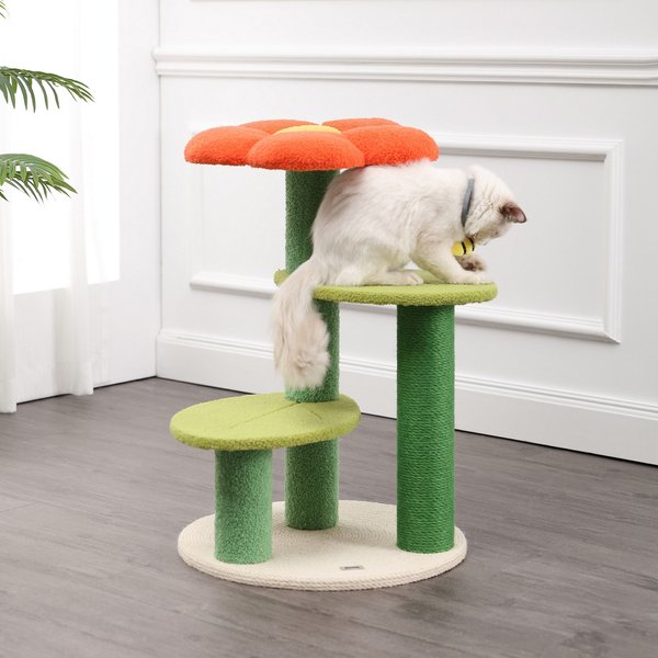 THE LICKER STORE Poppy Modern 29-in 3-Tier Jute Flower with Dangling Toy Cat Tree, Orange/Green