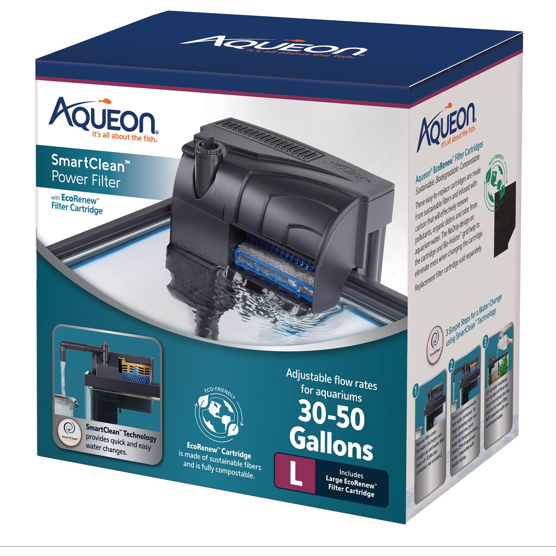 Aqueon SmartClean Power Filter Aquarium Filter with EcoRenew Filter Cartridge, Black, 30 to 50-gal