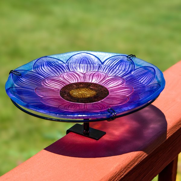 Sunnydaze Decor Spring Crocus Deck-Mounted Staked Glass Bird Bath, Purple, 10.5-in