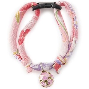 Necoichi Chirimen Clover Breakaway Cat Collar with Bell, Pastel Pink, 8.2 to 13.7-in neck, 2/5-in wide