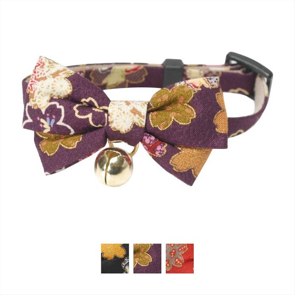 Necoichi Japanese Kimono Bow Tie Cotton Breakaway Cat Collar with Bell, Purple, 8.2 to 13.7-in neck, 2/5-in wide slide 1 of 4