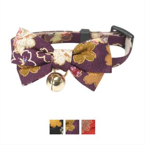 Necoichi Japanese Kimono Bow Tie Cotton Breakaway Cat Collar with Bell, Purple, 8.2 to 13.7-in neck, 2/5-in wide