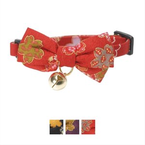 Necoichi Japanese Kimono Bow Tie Cotton Breakaway Cat Collar with Bell, Red, 8.2 to 13.7-in neck, 2/5-in wide
