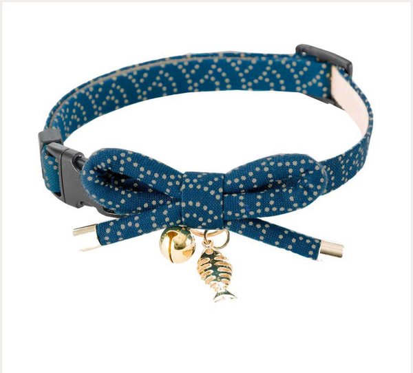 Necoichi Zen Gold Fish Charm Cotton Breakaway Cat Collar with Bell, Blue, 8.2 to 13.7-in neck, 2/5-in wide slide 1 of 5